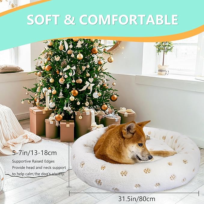 31 Inch Christmas Snowflakes Calming Dog Bed for Medium Dogs, Round Anti-Anxiety Warm Bed, Soft Cozy Anti-Slip Donut Washable Pet Bed, Fits up to 50 lbs Pets