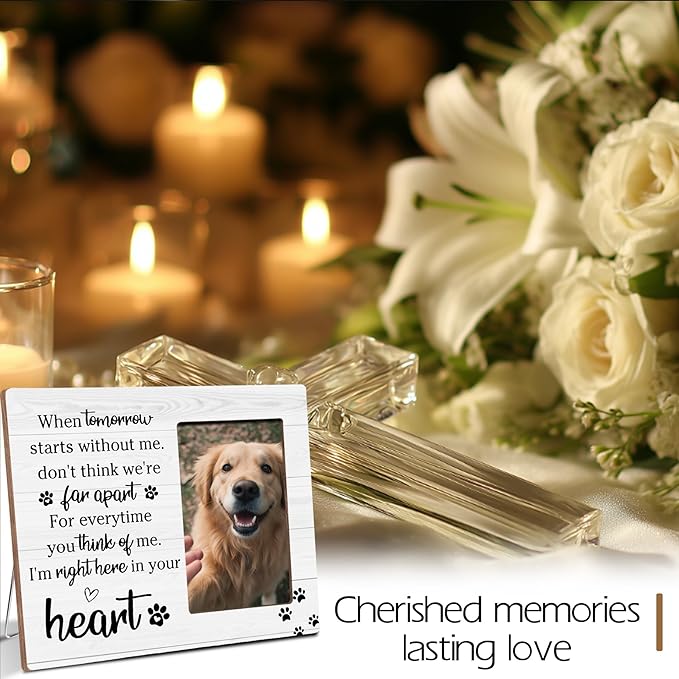 Pet Memorial Gifts for Loss of Pet, Right Here In Your Heart, Cat Dog Memorial Wooden Picture Frame Sympathy Gifts, Fits 4x6 Photo Frame