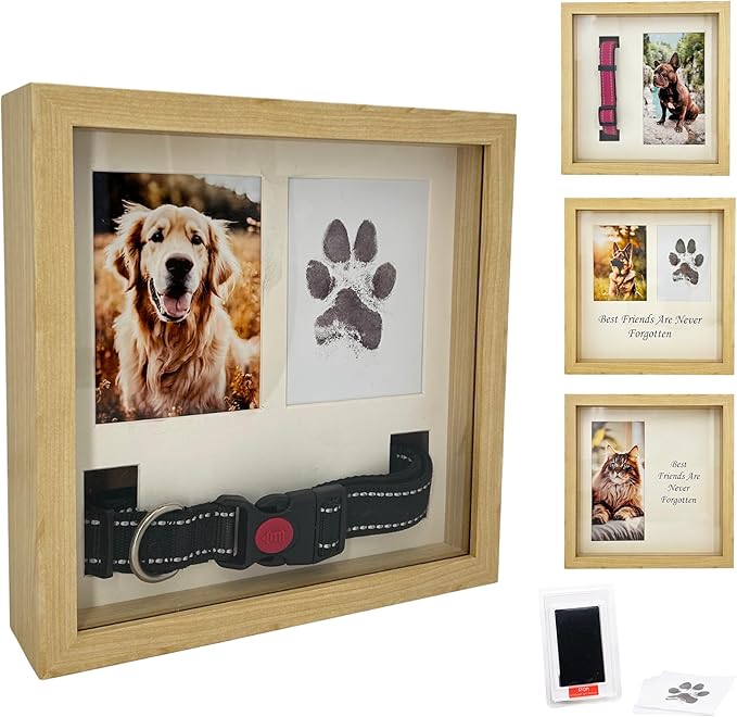 Dog Paw Print Kit for Dogs, Dog Picture Frame with Shatterproof Plexiglass, 4 Customizable Displays, 9”x9”, Pet Memorial Gift for Dogs, Loss of Pet Sympathy Gift, Pet Paw Print Impression Kit (Natural)