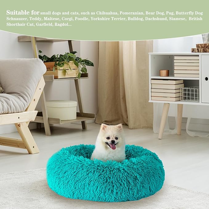 Calming Dog Bed for Small Dogs Cats, Kitty Puppy 23'' Round Anti-Anxiety Warm Fluffy Plush Faux Fur Bed, Soft Anti-Slip Donut Washable Small Pet Bed, Cozy Cat Puppy Bed, Fits up to 30 lbs Pets