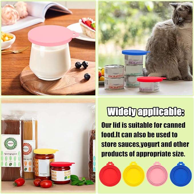 PINE & LINEN 4 Pcs Durable Pet Can Lids,One fit 3 Standard Size Silicone Waterproof Cat Food Cans Lids for 3oz/5.5oz/12.5oz/13.2oz Cat Food Cans（Yellow+Red+Pink+Blue）