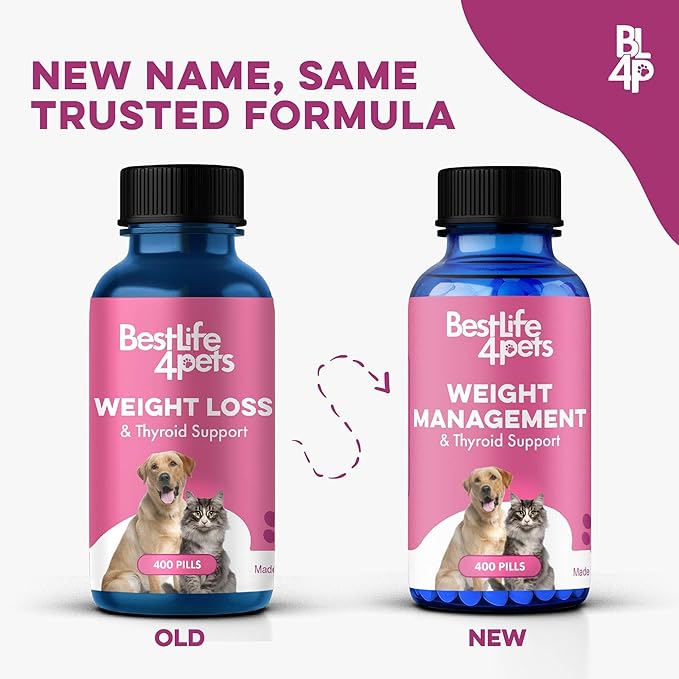 Weight & Thyroid Support for Dogs and Cats, Natural Solution for Hunger Control, Metabolism Support, Optimal Thyroid Function, Effective Dog & Cat Weight Loss, 400 Odorless, Tasteless Pills
