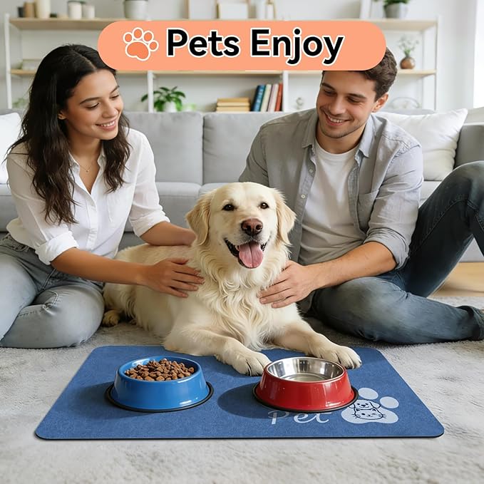 Dog Cat Feeding Mat-Absorbent Pet Bowl Mat for Food and Water, Quick Dry Water Dispenser Mat for Floors with Waterproof Rubber Backing, Large Dogs Placemat Mats for Messy Drinkers,17"x27",Blue