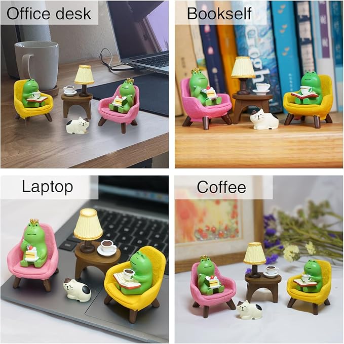 Miniature Frog Desk Set with Sofa & Lamp - 6-Piece Cute Frog Figurines for Office Decor, Shelf Decor, Home Decor, Resin Gift for Women, Frog Lovers (Frog)