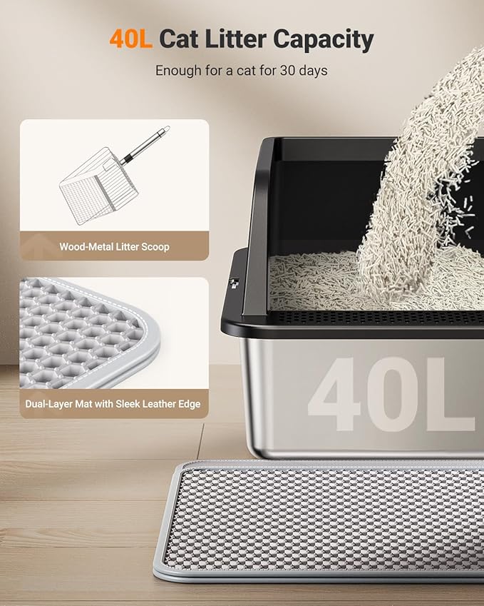 XL Stainless Steel Litter Box, Extra Large Metal Cat Litter Box with High Sided for Big Cats, Enclosed Litter Boxed with Lid, Easy-Clean Cat Litter Mat & Scoop Kit, Anti-Urine Leakage (Black)