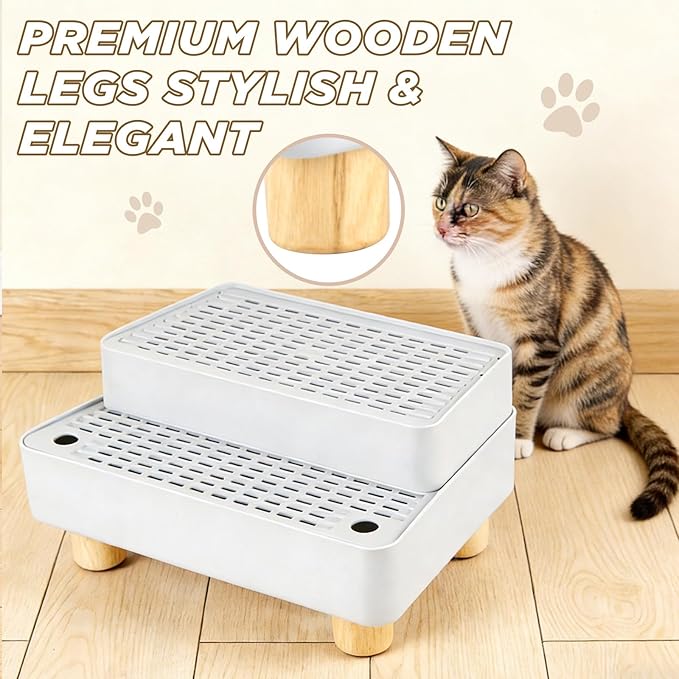 Adjustable 2 Steps Litter Box Ramp, Cat Litter Catcher Mat with Wooden Feet, Filter Function, Litter Box Step for Small & Elderly Cats, Fits Automatic Litter Boxes (Light Grey)