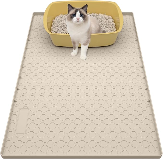 Large Cat Litter Mat 34"x22", Cat Litter Trapping Mat For Litter Box, Silicone Pet Feeding Mat With Raised Edges Waterproof, Beige