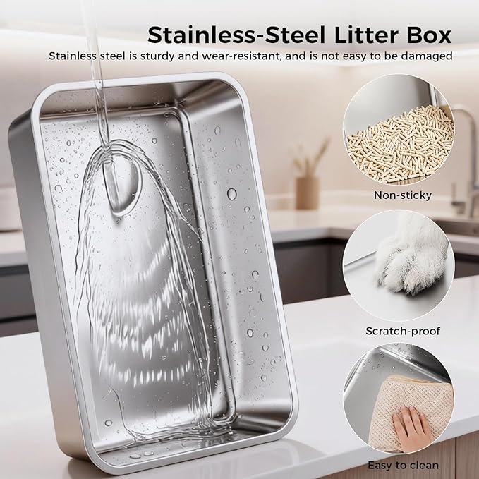 GTPLAYER XL Stainless Steel Cat Litter Box for Big & Multiple Cats, Easy Clean Odor-Resistant Design, High Sided Leak-Proof Litter Box with Mat & Scoop – Dark Grey