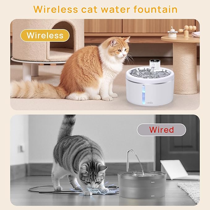 Wireless Cat Water Fountain with Stainless Steel Tray, 102oz/3L Pet Water Fountain for Cats Inside, Cat Fountain for Drinking with Motion Sensor, Ultra Quiet Pump, Cats & Dogs Gifts (8Filters)