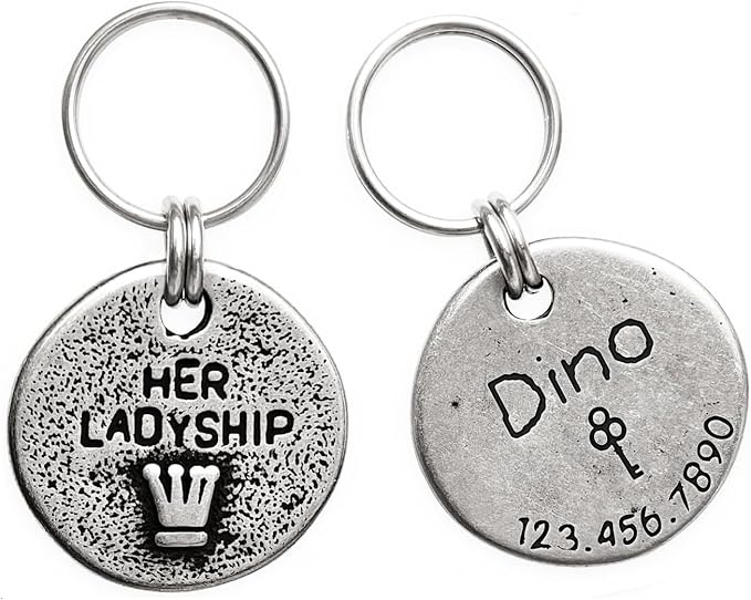 Artistic Handmade Hammered Collar Cat Dog ID Tags with Unique Handcrafted Design and Durable Stainless Steel, Personalized Deep Engraving with Your Own Text (Herladyship)