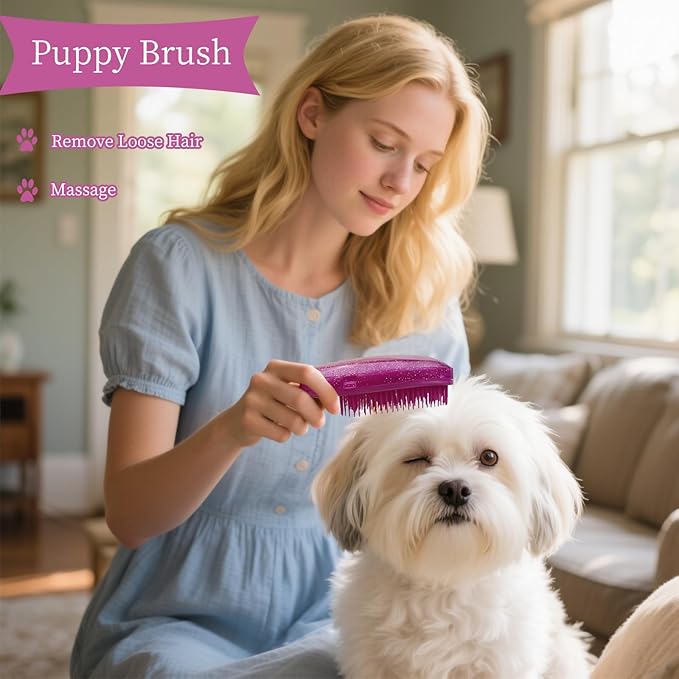 Comma-Shaped Small Dog Brush and Cleaning Comb, Fit for Yorkie, Shih Tzu, Maltese Maltipoo Pomeranian - Gentle Soft Bristles for Effortless Pet Hair Removal, Puppy Essentials (Crystal Rose Red)