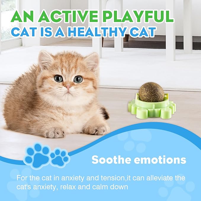 Catnip Balls 4 Pack Wall Mounted Catnip Balls 360° Rotatable Interactive Cat Toys for Indoor Cats Anxiety Relief & Teeth Cleaning Chew Toys