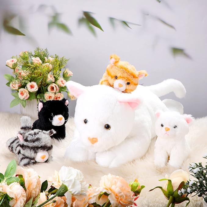 Skylety 5 Pieces Cat Stuffed Animal with Babies Inside Belly Plush Cat Pregnant Mommy Kitty with 4 Cute Fluffy Stuffed Kittens Christmas Birthday Surprise Gifts(White)