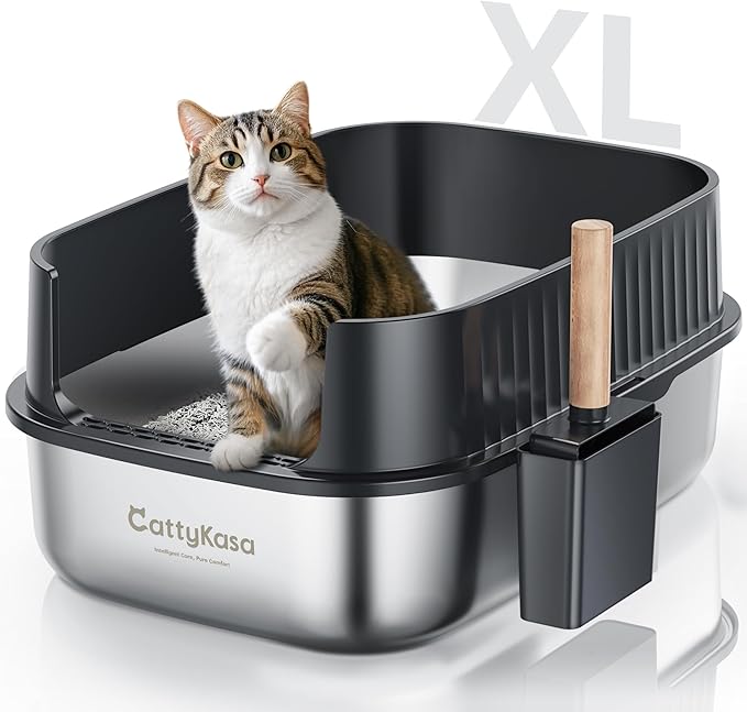 Stainless Steel Litter Box XL Extra Large Enclosed Cat Litter Boxes with Lid for Big Cats Metal Litter Pan High Sided Splash Proof, Anti-Urine Leakage, Easy Clean, Non-Stick, Includes Scoop (Grey)