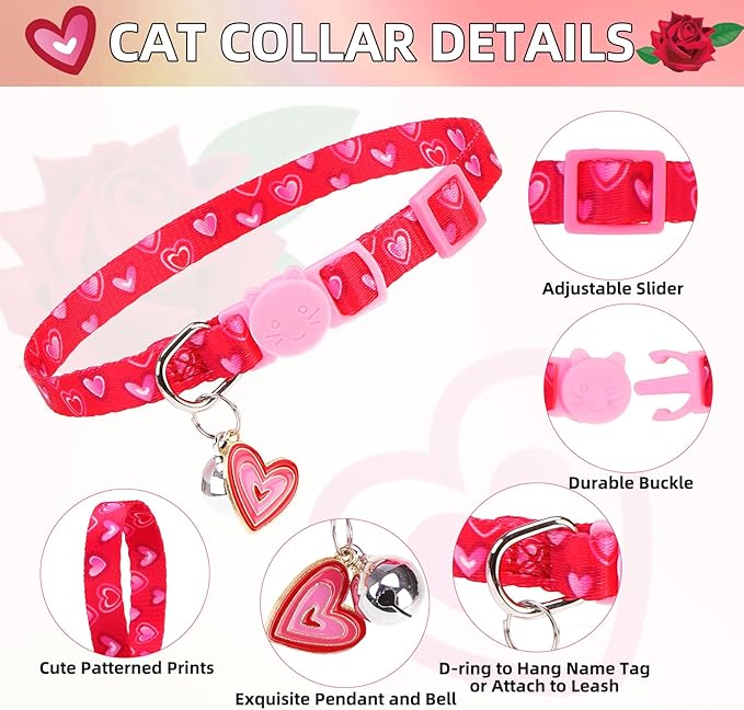 PUPTECK Valentine Breakaway Cute Cat Collar with Bell Charm for Kitty, 2 Packs Adjustable Kitten Collars Rose and Love Pattern, Pink, 7.8-11.8 in
