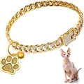 Hillban Cat Collar Diamond Chain Glitter Collar Walking Metal with Secure Buckle Cat Pet Necklace with Paw Charm and ID Tag Bell Link Cuban Jewelry Accessories Gift(12 Inch,Gold)