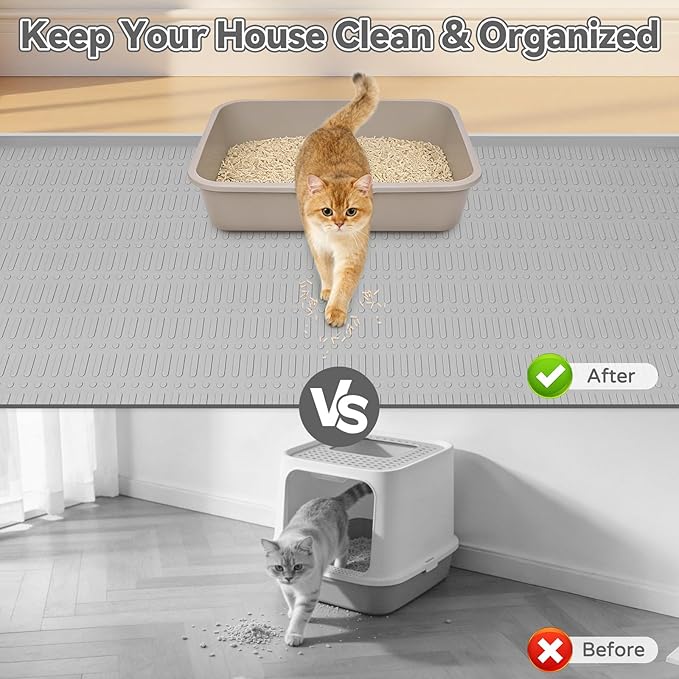 Kalolary Large Cat Litter Box Mat, 47" x 35" Silicone Litter Trapping Mat for Cats, Trapping Mat for Scatter Control with Raised Edge Waterproof Silicone Pad for Floor Easy to Clean (Light Gray)