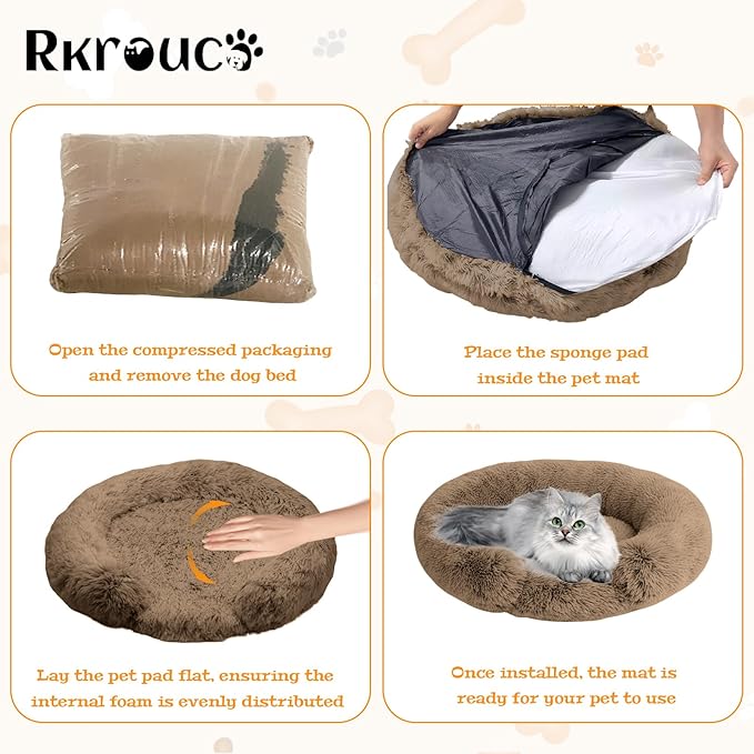 Fluffy Dog Bed Calming Donut Beds for Large Dogs Warming Round Small Medium Pet Nest Cozy Cat Mattress Indoor Washable Puppy Kennel Kittens Sleep Mat (M, 27.5×27.5 inch, Light Brown)
