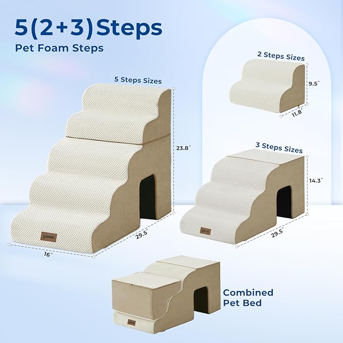 Dog Ramp for Large Dogs - 24" H 5 Steps Pet Stairs for High Bed with Tunnel 2 in 1 with Zippers Suitable, Indoor Cat Ladders with Non-Slip Bottom, Beige