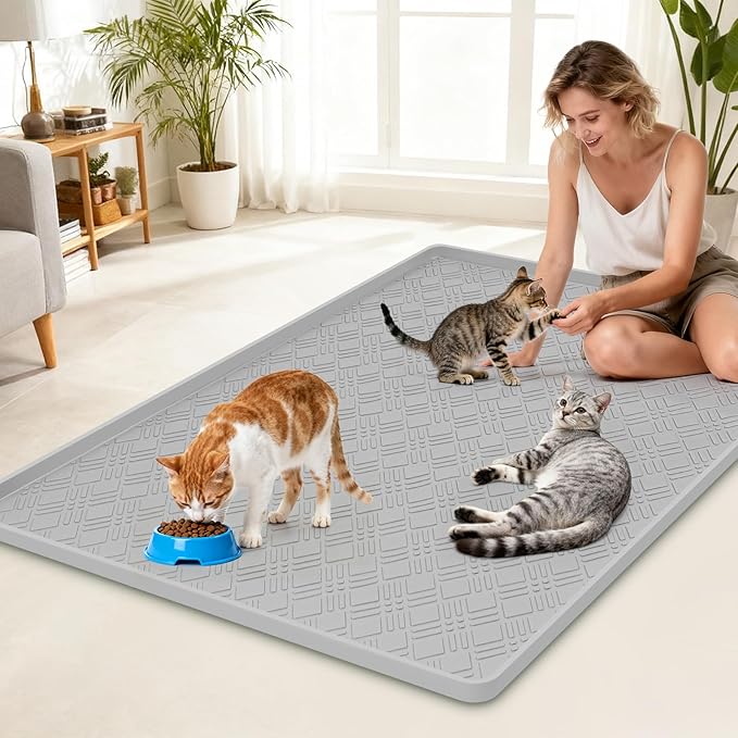 Lanstics Cat Food Mat, 42" x 29" Large Silicone Mat Cat Feeding Mat with Raised Edge Non-Slip Pet Feeding Mat for Food and Water Bowl, Easy to Clean, Floor Protection (Light Gray)