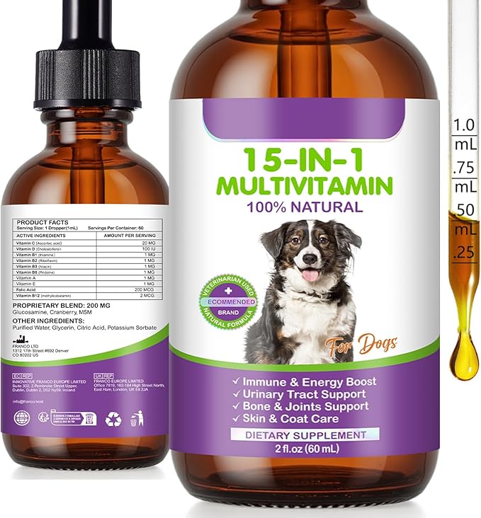 Dog Multivitamin Drops, 15 in 1 Multivitamin Liquid for Dog with Vitamin C-20 Mg, Vitamin D-100 Iu & B1-3,Dog Health Supplements for Skin Care, Joints & Hips,Gut