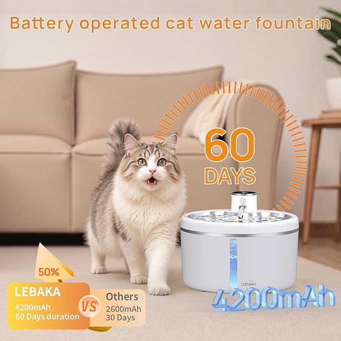 Wireless Cat Water Fountain with Stainless Steel Tray, 102oz/3L Pet Water Fountain for Cats Inside, Cat Fountain for Drinking with Motion Sensor, Ultra Quiet Pump, Cats & Dogs Gifts (8Filters)