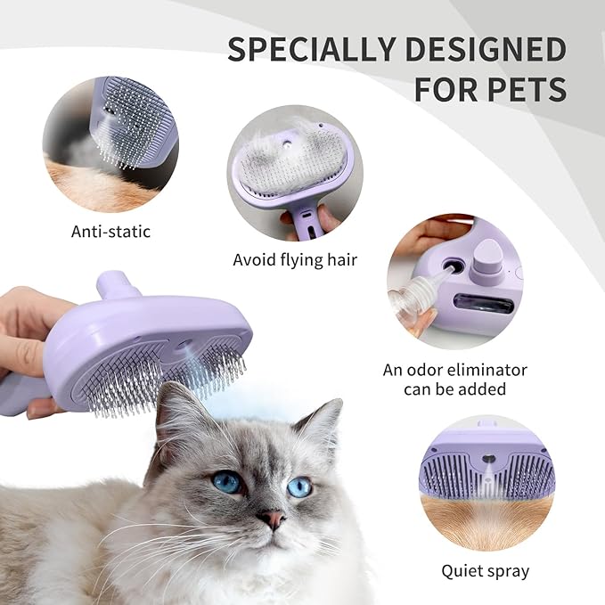 Pecait 3-in-1 Self-Cleaning Brush for Shedding Dogs and Cats - Removes Static, Tangles, and Loose Hair (Purple)