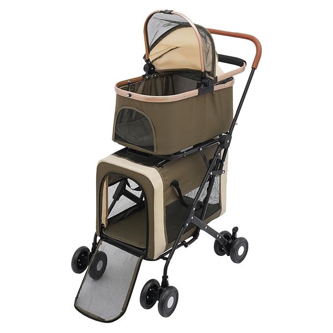Double Foldable Pet Stroller, General Use Small & Medium Cat & Dog Stroller with 2 Detachable Carrier Bags Up to 77lbs, 4 Lockable Wheels, Separable Animal Pet Strollers (Green)