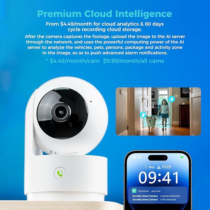 Vicohome 2K Indoor Camera, 5GHz Wi-Fi, Plug-in, AI Tracking, Home Security, Pet/Baby Monitor, 360° View Pan/Tilt, Two Way Audio, Night Vision, Easy to Setup, Audible Alarm, 180 Days Exchange Policy