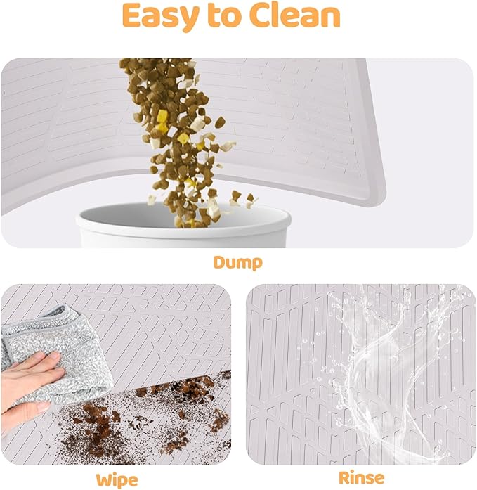 Cat Food Mat with Toy Ball, 38'' x 25'' Extra Large Silicone Pet Feeding Mat with Raised Edge Pet Placemat for Food and Water Bowl Non-Slip, Easy to Clean, Floor Protection (White)