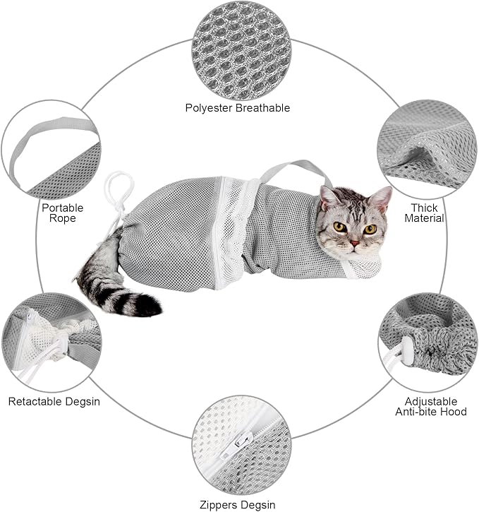 Cat Bag for Bathing Set with Grooming Washing Bag Adjustable Pet Shower Brush - Cat Bathing Mesh Bag Anti Scratch Anti Bite Soft Durable for Cats & Dogs Restraint Grooming Nail Trimming Washing