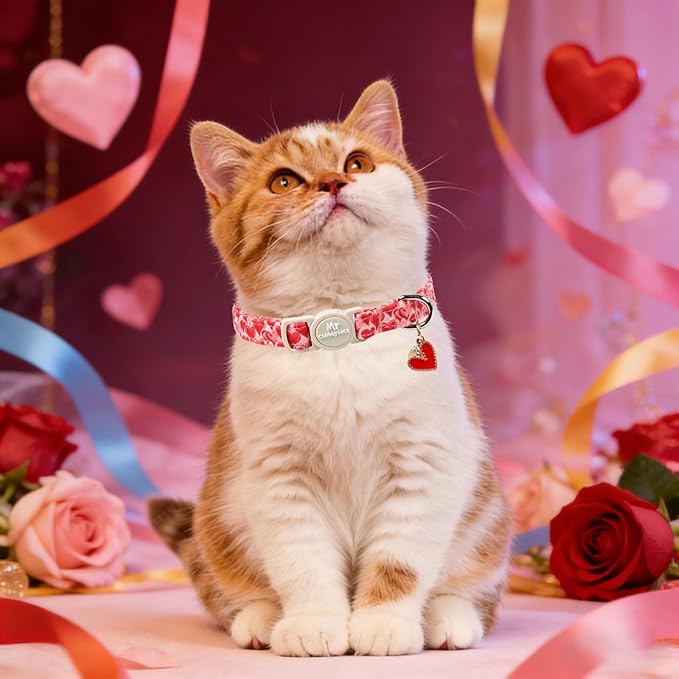 Valentine 2 Pack Cat Collar, Cute Soft Breakaway Kitty Collar with Bell&Pendent, Cotton Valentines' Heart Pattern Collar with Safety Buckle for Girl Cats