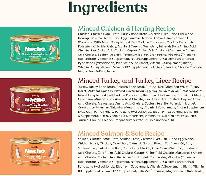 Made by Nacho Premium Minced Wet Canned Cat Food with Hydrating Bone Broth 5.5oz (12 Packs) (Variety Pack (Turkey & Turkey Liver, Chicken & Herring, and Salmon & Sole))