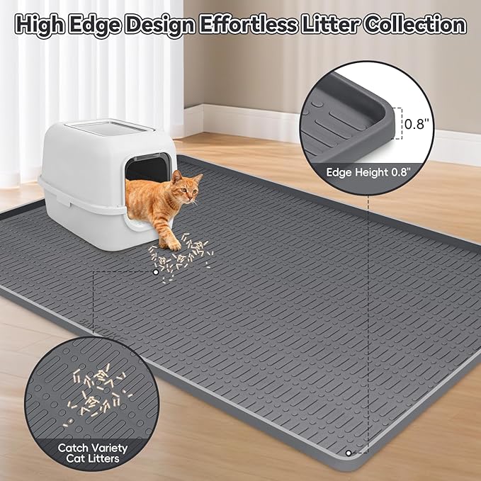 Kalolary Large Cat Litter Box Mat, 47" x 35" Silicone Litter Trapping Mat for Cats, Trapping Mat for Scatter Control with Raised Edge Waterproof Silicone Pad for Floor Easy to Clean (Dark Gray)