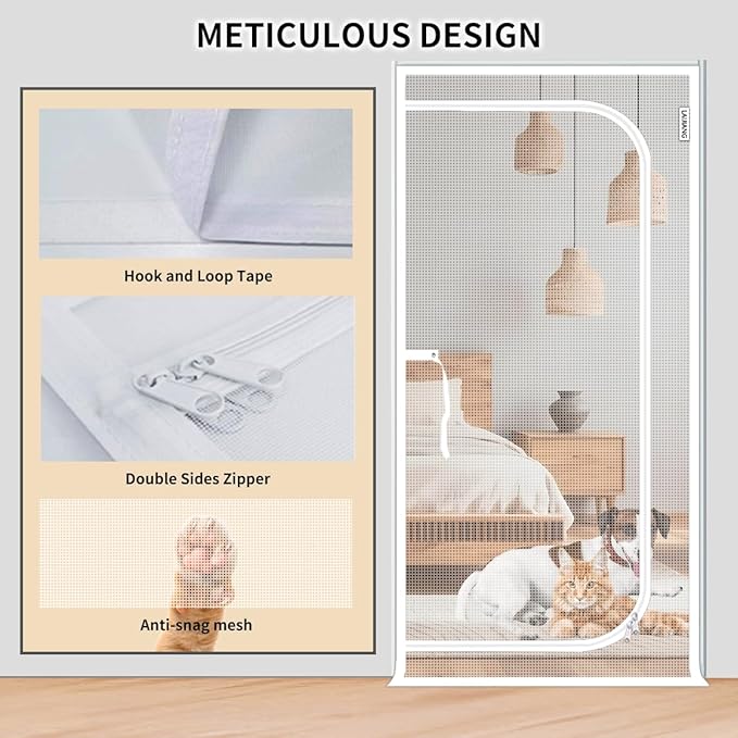 Cat Screen Door 34x83'' Reinforced Cats Resistant Mesh Screen Door with Zipper Closure, Pets Scratch Proof Screen for Living Room, Bedroom, Patio, Fits Openings 32x81''