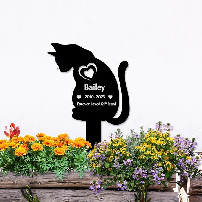 Custom Metal Cat Memorial Grave Marker Garden Stake, Personalized Pet Memorial Stake Grave Marker for Cat Grave Decorations, Customized Cat Headstone Tombstone Memorial Markers for Outdoors