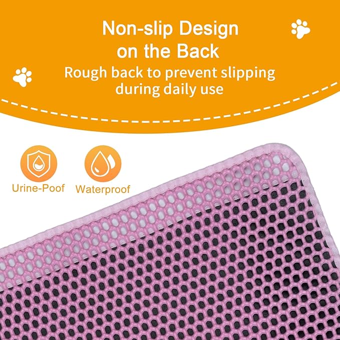 Cat Litter Mats,Cat Litter Box Mat 32"x22", 2 Layer Kitty Litter Trapping Mat,Llitterbox Mat,Waterproof Urine Proof, Clean Easily, Pink, Medium