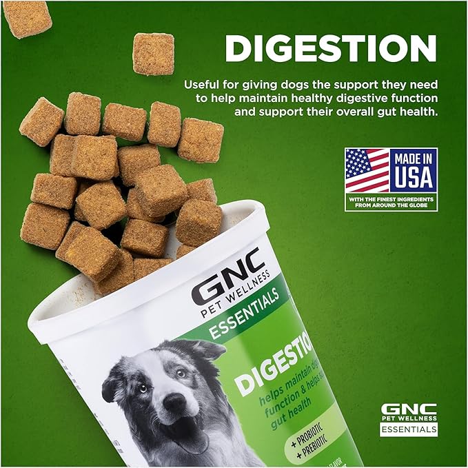 GNC Pets Essentials Dog Probiotic Soft Chews for Digestive Support, Bacon Flavor Daily Supplement with Prebiotics, Probiotics and Enzymes for Puppies and Adult Dogs in Reusable Jar, 60 Count - 3 Pack