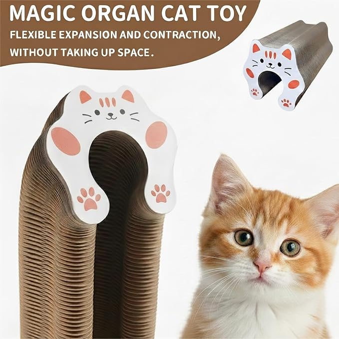 Foldable Accordion Cat Scratcher Toy with Bell Ball, Recyclable Corrugated Cardboard Interactive Scratching Pad for Indoor Cats & Kittens, 1 Pack (Pink)