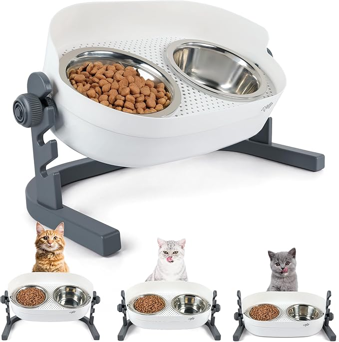 All for Paws Height Adjustable Cat Elevated Bowls Stainless Steel Dog Food Water Bowls, Height Adjustable Cat Feeder Mess Proof Pet Feeding Bowls for Small to Large Size Cats
