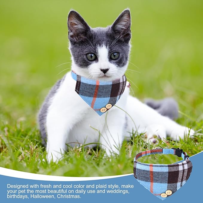 Mini Cat Bandana, Cat Tie Collar, Cats Bandana Collar with Bells and Bowtie, Kitten Bow Tie with Safety Buckle Adjustable Size for Small Cats Boys or Girls, Blue (2 pcs)