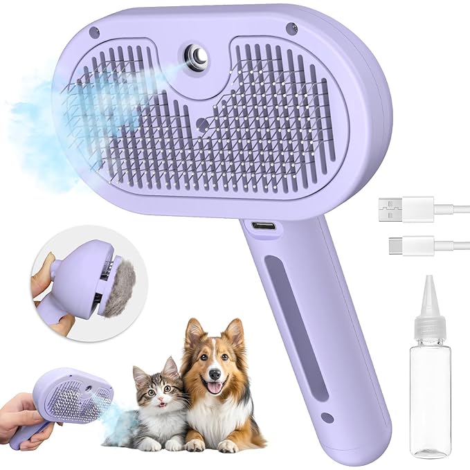 Pecait 3-in-1 Self-Cleaning Brush for Shedding Dogs and Cats - Removes Static, Tangles, and Loose Hair (Purple)