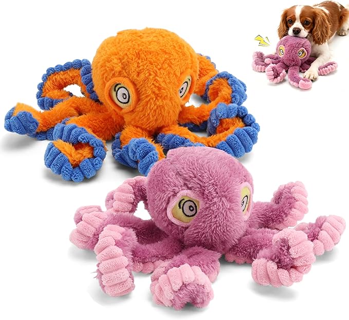 2 Pcs Squeaky Dog Toy for Puppy Teething, Plush Octopus Dog Toy, Puppy Chewing Toy, Soft Stuffed Chew Toys for Small Dogs Training and Keep Them Busy, ORG&PNK