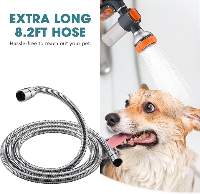 Dog 8.2ft Pup Shampoo Dispenser Jet Attachment to Shower Head Washing, 8-Setting High Pressure Pet Wash Cleaning Sprayer Bath for Bathtub Station, Adhesive Shower Holder, Indoor
