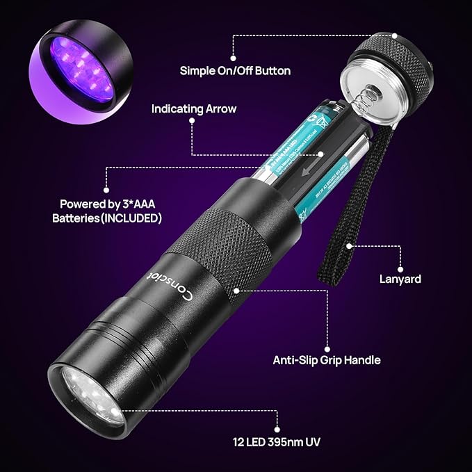 UV Flashlight Black Light, Consciot 12 LED 395nm Ultraviolet Blacklight, Portable Mini Torch Light Pet Urine Detector for Dog/Cat Urine, Dry Stains, Bed Bug, Matching with Pet Odor Eliminator
