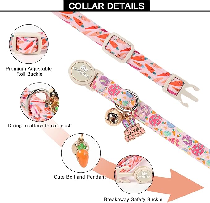 2 Pack Easter Cat Collar, Colorful Carrot& Carrot Egg Pattern Kitten Breakaway Collar,Adjustable Durable Easter Collar with Bell&Pendent for Female Male Cat