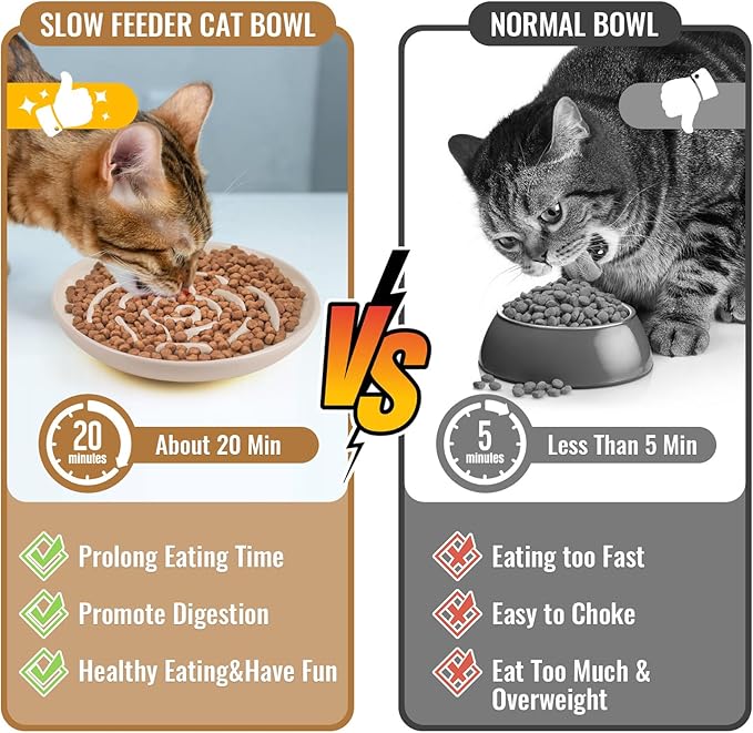 Shallow Elevated Cat Bowls with Bamboo Stand, 5.9 Inch Raised Slow Feeder Cat Bowl and Wide Ceramic Cats Bowls Whisker Friendly, 2 Pack Pet Dishes for Dry and Wet Food Dishwasher Safe