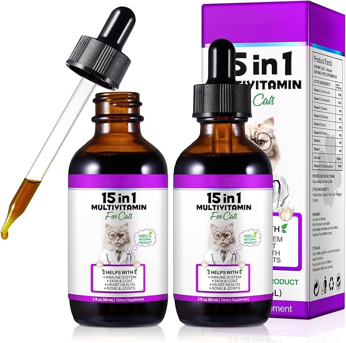 Cat Multivitamin Drops - 15 in 1 Vitamin Supplement for Immune Support, Heart, Bones, Joint, Skin & Coat Health, Bacon Flavor Vitamins for Senior Cats & Kittens (2 Pack, for cat)