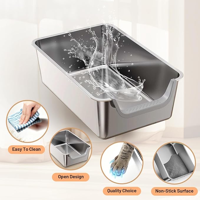 Stainless Steel Cat Litter Box, Steel Litter Pan with Curved Low Entry, Leak Proof 6 Inch High Side for Urine, Easy Entry for Kittens Older Cats, No Slip, 23.6" x 15.7" x 7.9", Grey