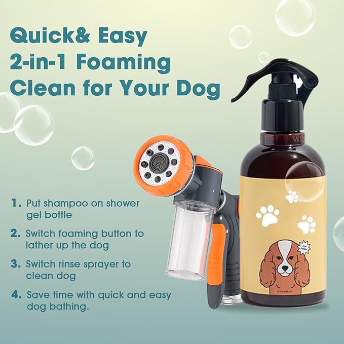 Dog 8.2ft Pup Shampoo Dispenser Jet Attachment to Shower Head Washing, 8-Setting High Pressure Pet Wash Cleaning Sprayer Bath for Bathtub Station, Adhesive Shower Holder, Indoor